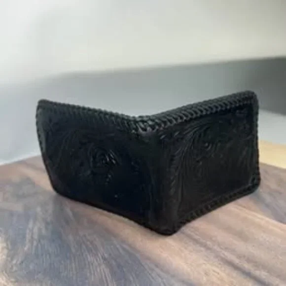 VTG Western Hand Tooled Black Leather Bifold Wallet & Studded Concho Belt Pouch - Picture 2 of 10